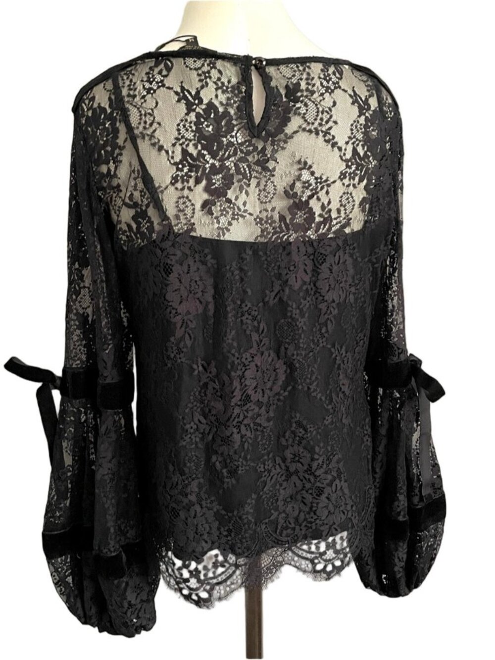 Alberto Makali Black Sheer Lace Velvet Trim Lantern Sleeve Top - Medium - Picture 13 of 15